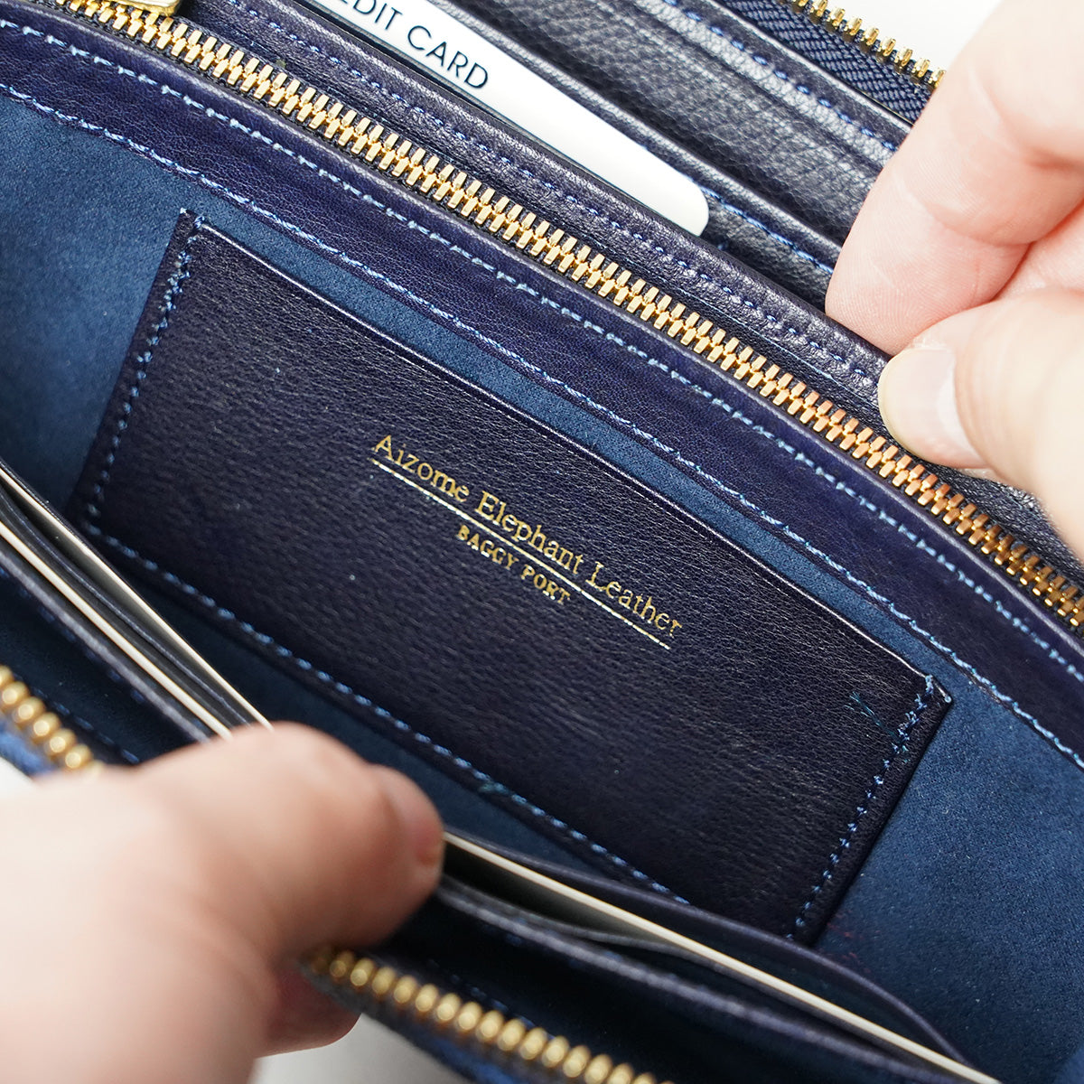 Indigo dyed x elephant leather round zipper long wallet HRD1000