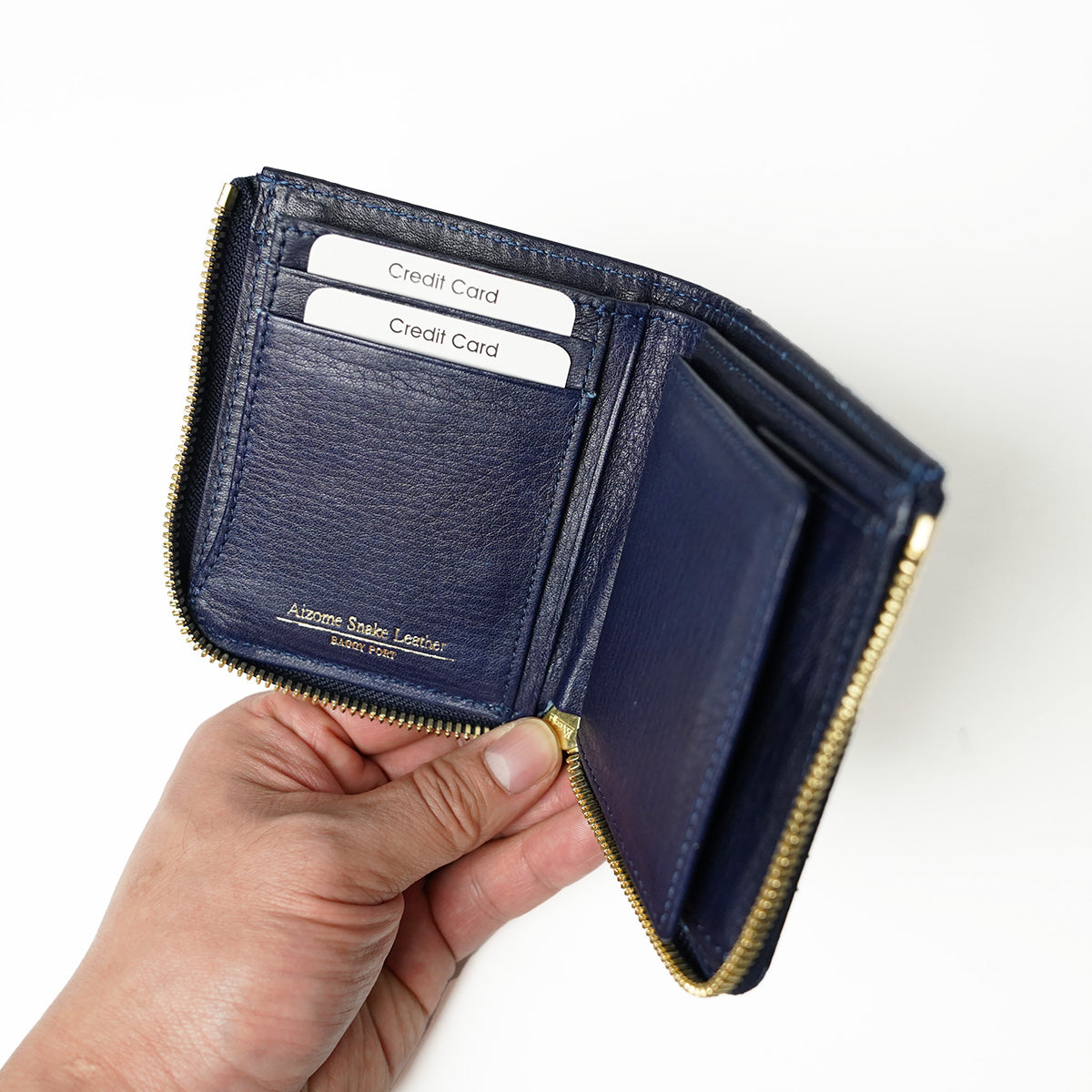 Indigo dyed x snakeskin L-shaped zipper mini half wallet HRD2002