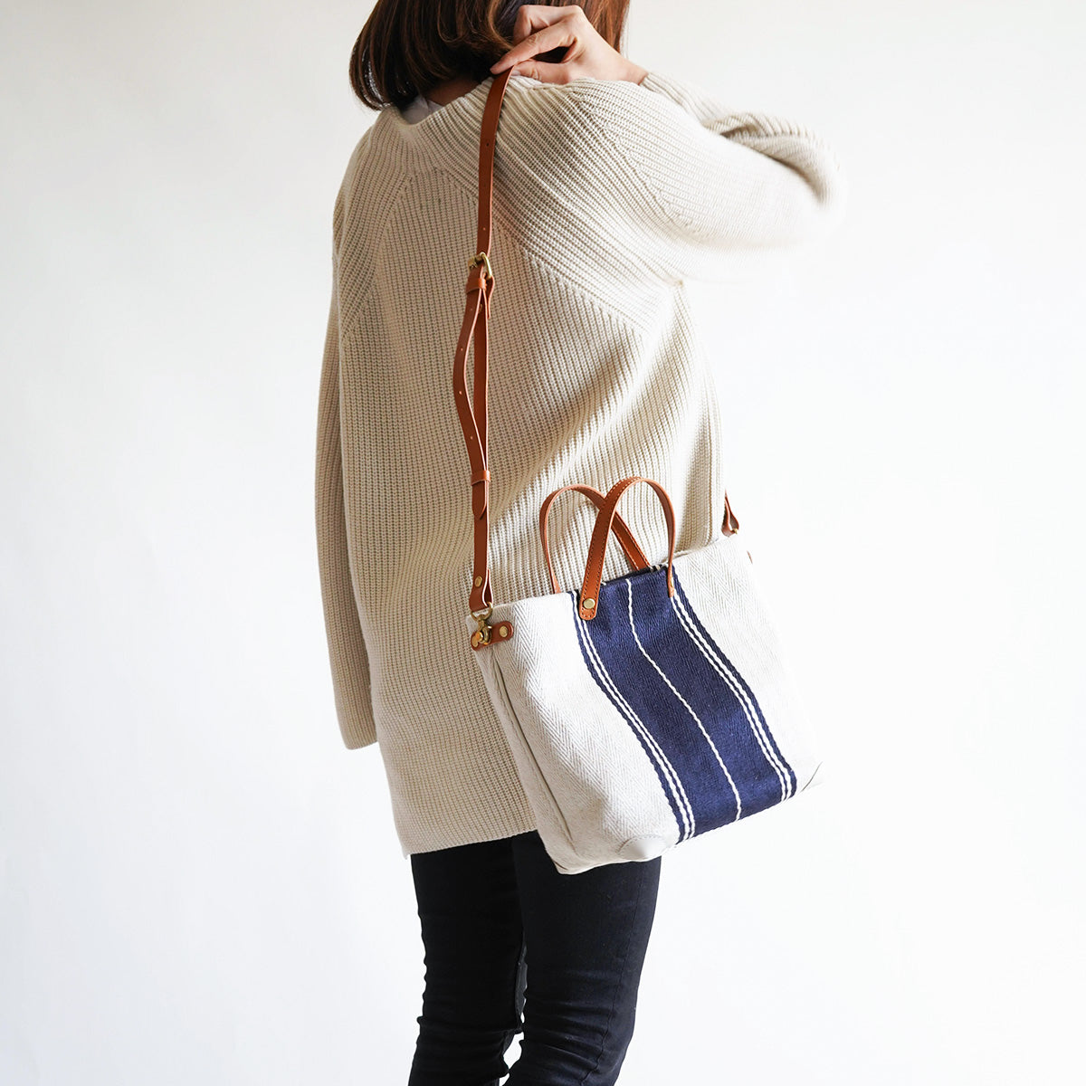 Rayon Linen Herringbone B5 Tote Shoulder Bag SMAK704