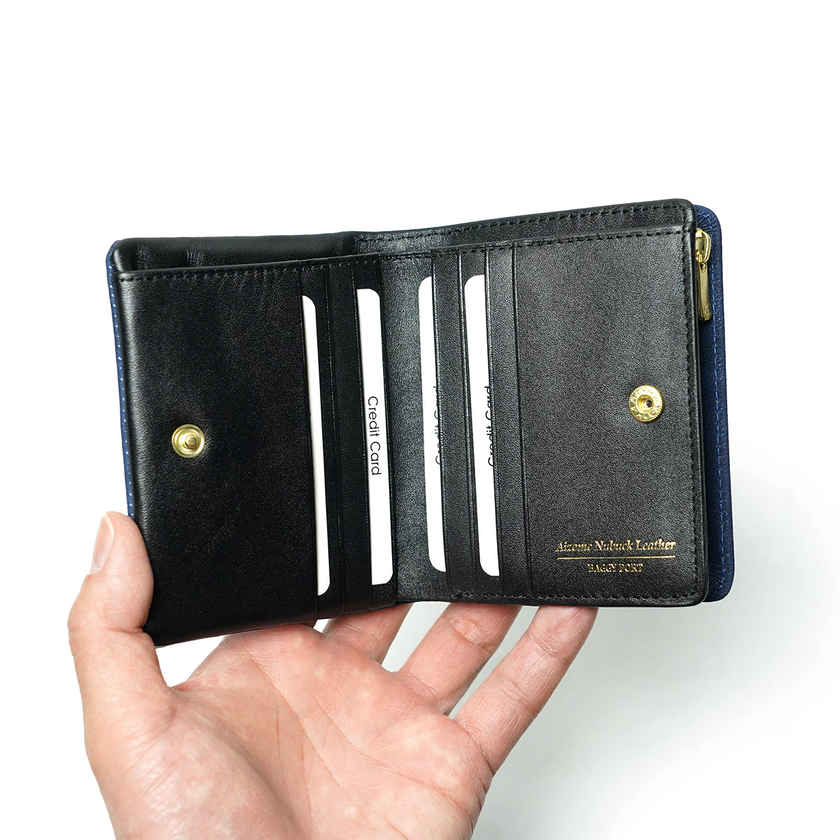 Indigo-dyed nubuck compact half wallet ZYS492