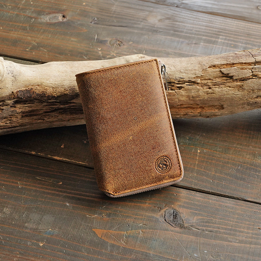 Waxed Elk Leather L-shaped Zipper Half Wallet FZKM852 