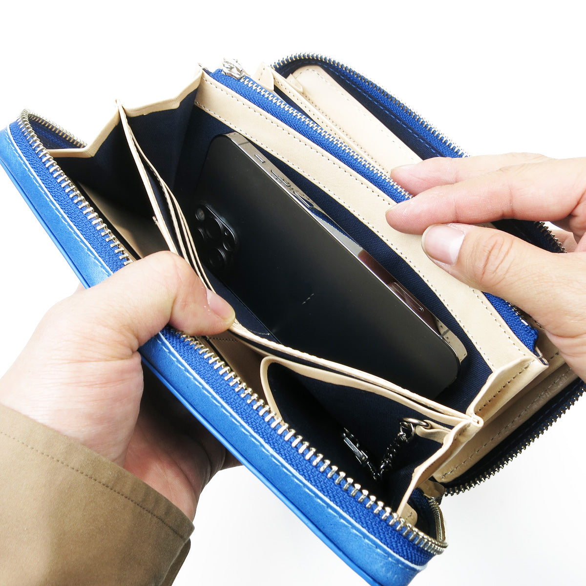 藍染め レザー ラウンドファスナー マルチケース ZYS085