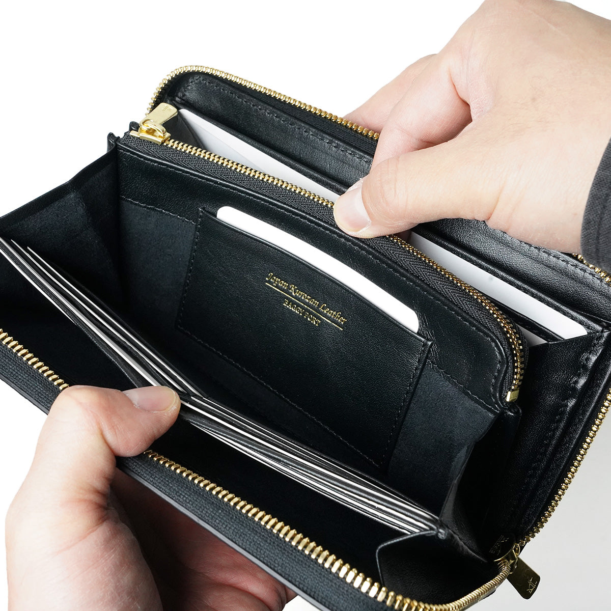 姫路 黒桟革 ラウンドファスナー 長財布 ZYS390